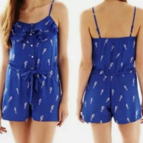 Seahorse Print Romper L Blue One Piece Ruffles Flowy Drawstring Tied Waist - Picture 2 of 16